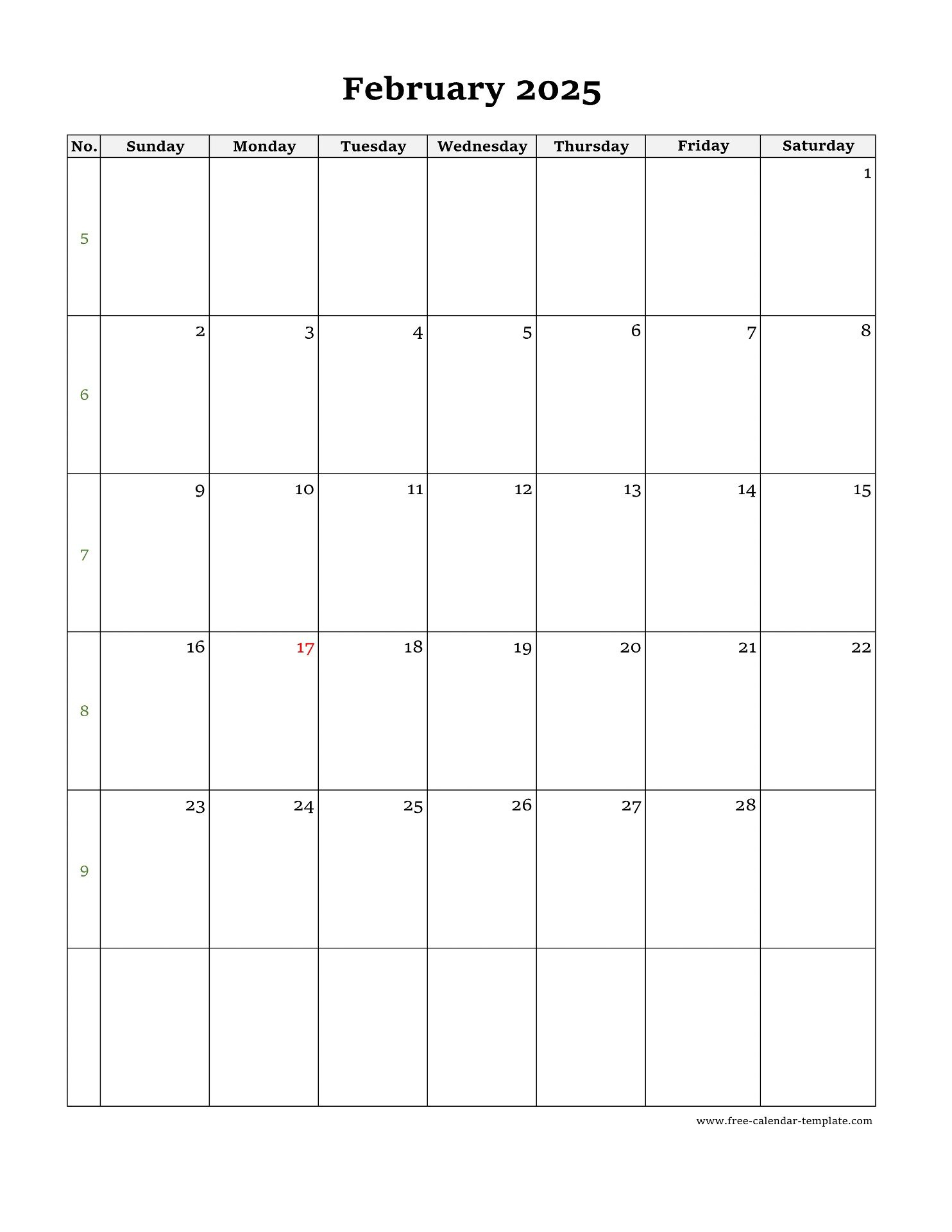 February Calendar 2025 Simple Design With Large Box On Each Day | Calendar 2025