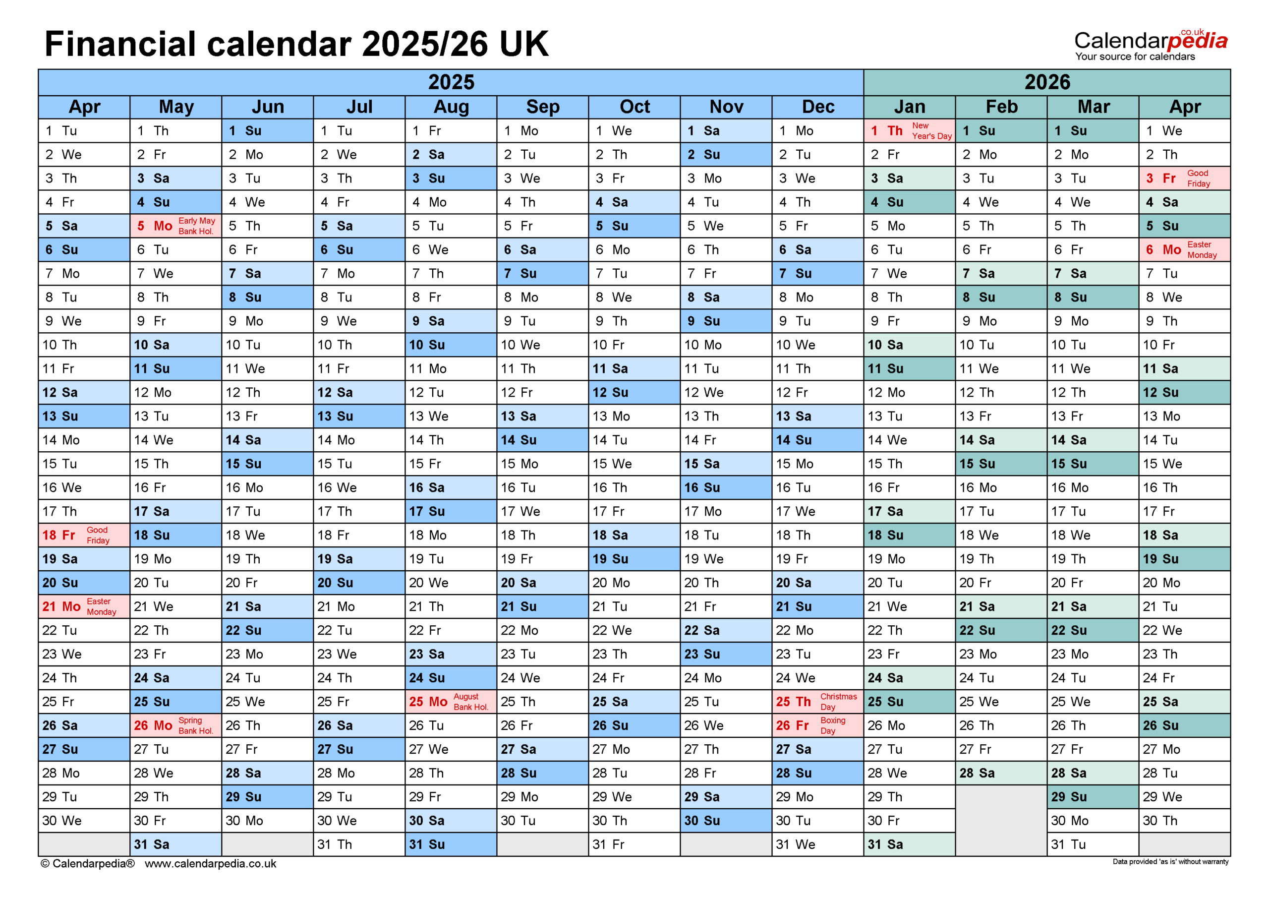 Financial Calendars 2025/26 Uk In Pdf Format | 2025 Fiscal Calendar Printable