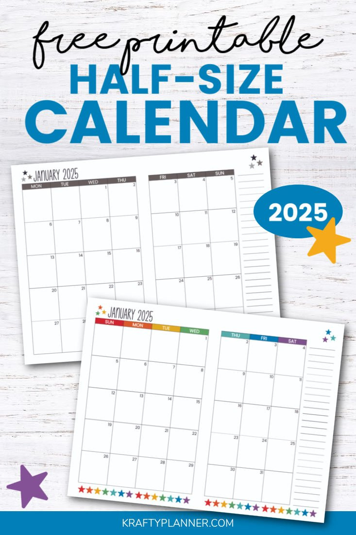 Free 2025 Calendar: Half-Size Landscape — Krafty Planner | Half Page Calendar Printable 2025