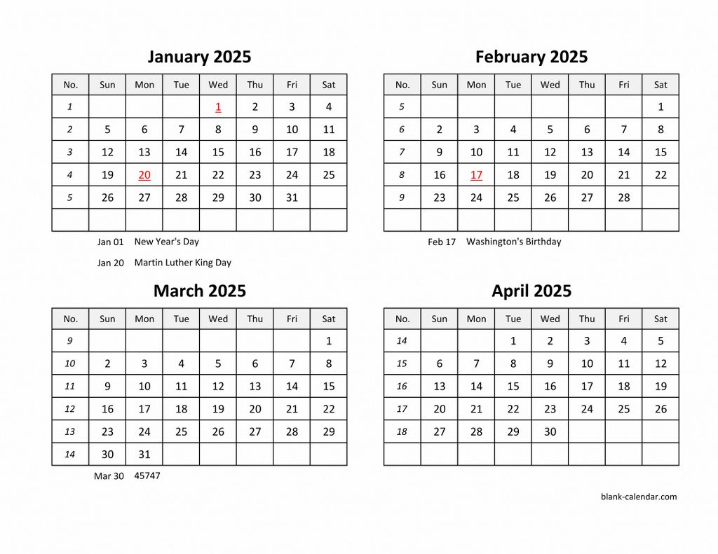 Free Download 2025 Excel Calendar Four Month In Landscape Format | 2025 Printable Calendar 4 Months Per Page