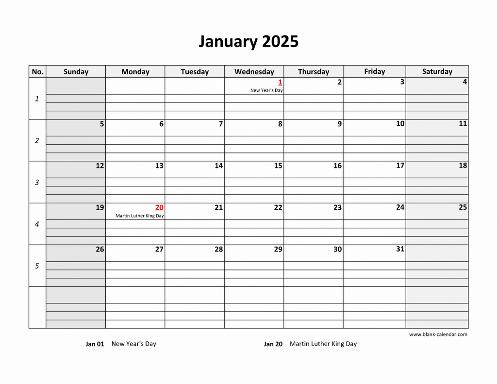 Free Download Printable Calendar 2025, Large Box Grid, Space For Notes | 2025 Calendar Printable With Lines