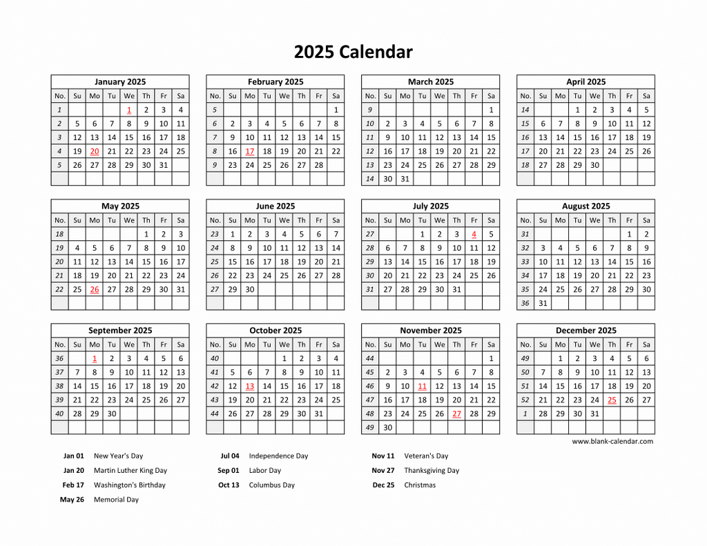 Free Download Printable Calendar 2025 With Us Federal Holidays | 2025 Calendar with Federal Holidays Printable