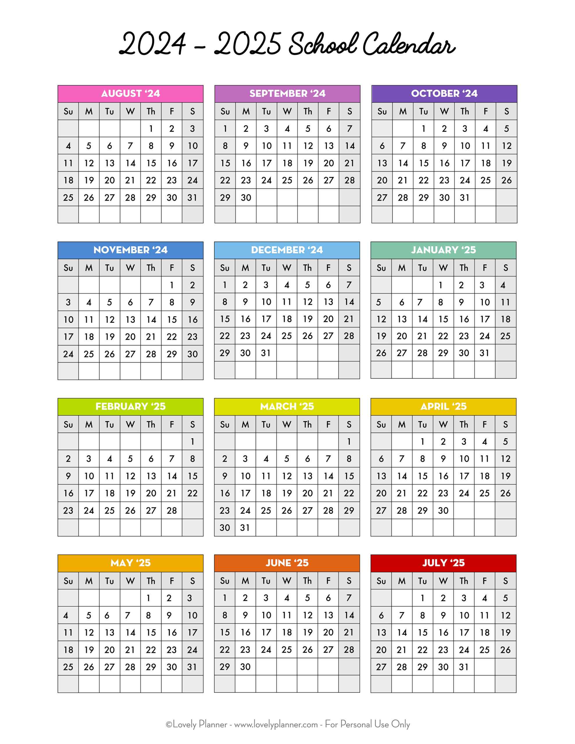 Free Printable 2024-2025 School Calendar - One Page Academic | Calendar 2024 To 2025 Printable