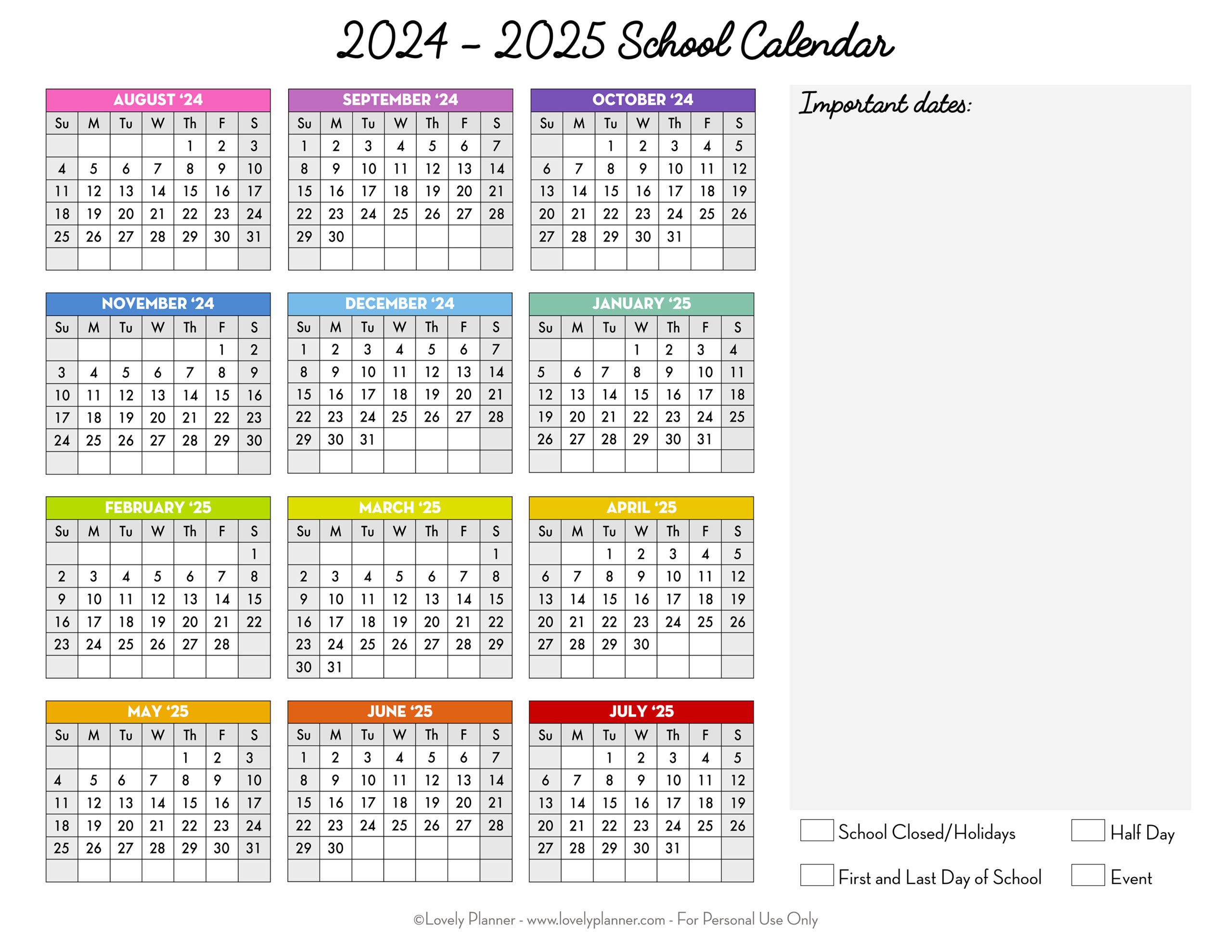 Free Printable 2024-2025 School Calendar - One Page Academic | Printable 2024 2025 Calendar Printable