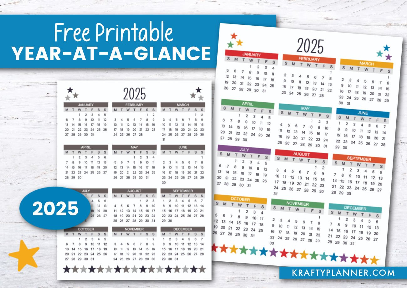 Free Printable 2025 Year-At-A-Glance — Krafty Planner | 2025 Calendar at a Glance Printable