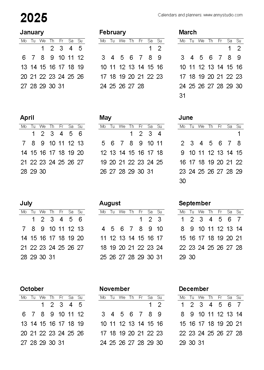 Free Printable Calendars And Planners 2025, 2026 And 2027 | 2025 A4 Calendar Printable