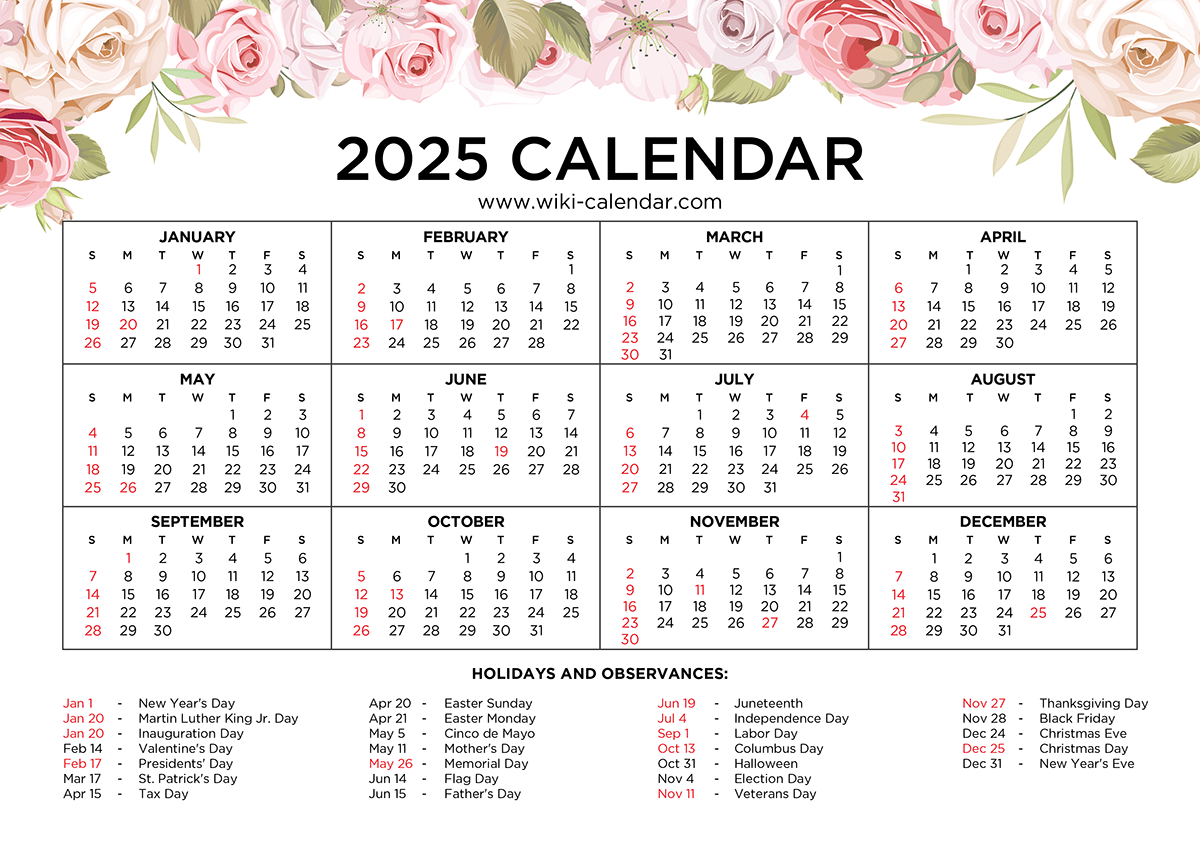 Free Printable Floral Calendar 2025 - Wiki Calendar | 2025 Calendar Printable Floral