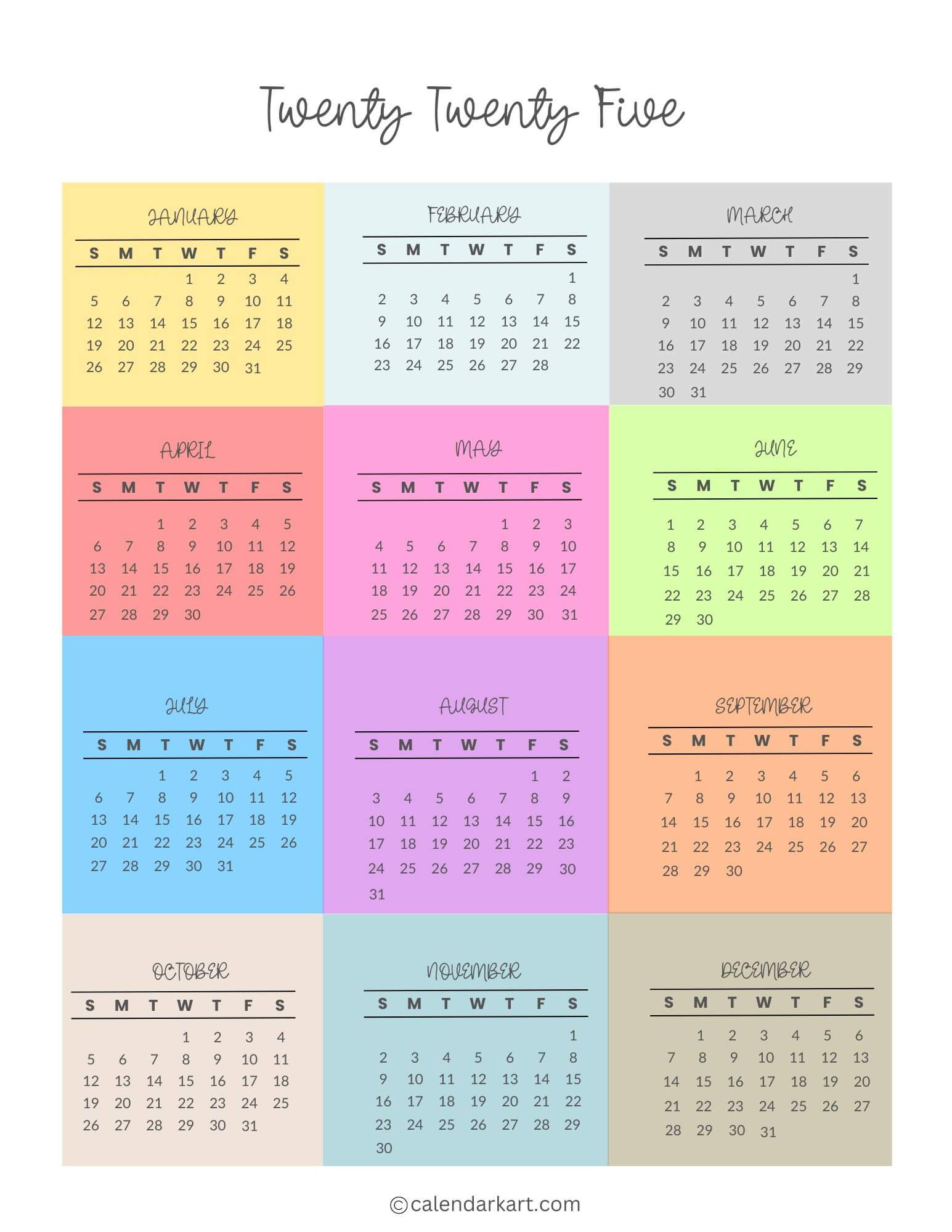 Free Printable Year At A Glance Calendar 2025 - Calendarkart | Printable Calendar 2025 with Julian Dates