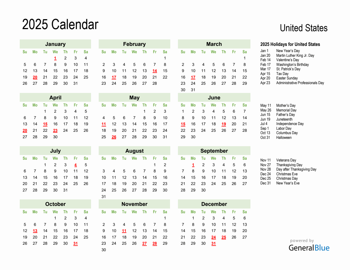 Holiday Calendar 2025 For United States (Sunday Start) | 2025 Calendar Usa Printable