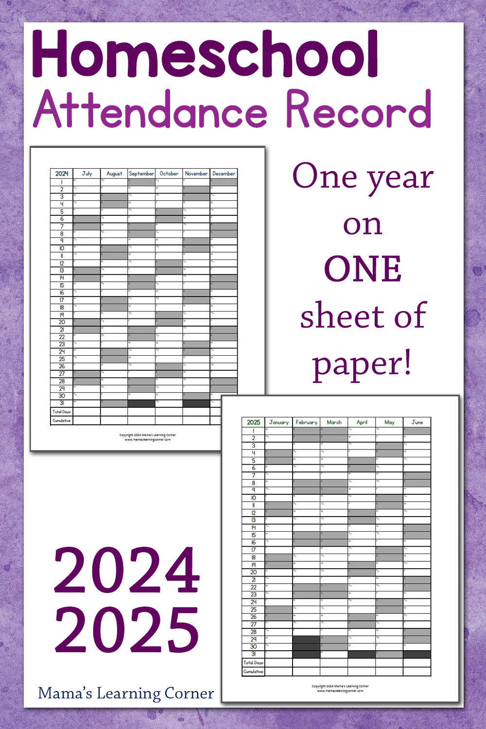 Homeschool Attendance Record 2024-2025 - Mamas Learning Corner | Calendar 2025