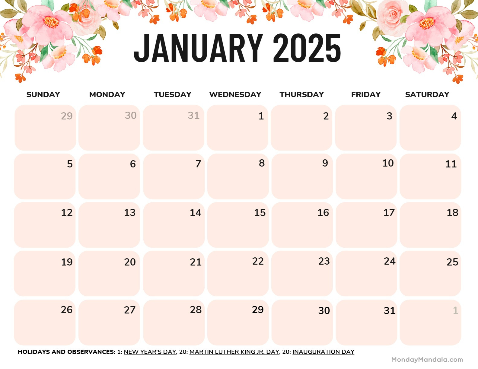 January 2025 Calendar (52 Free Pdf Printables) | 2025 Month Calendar Printable