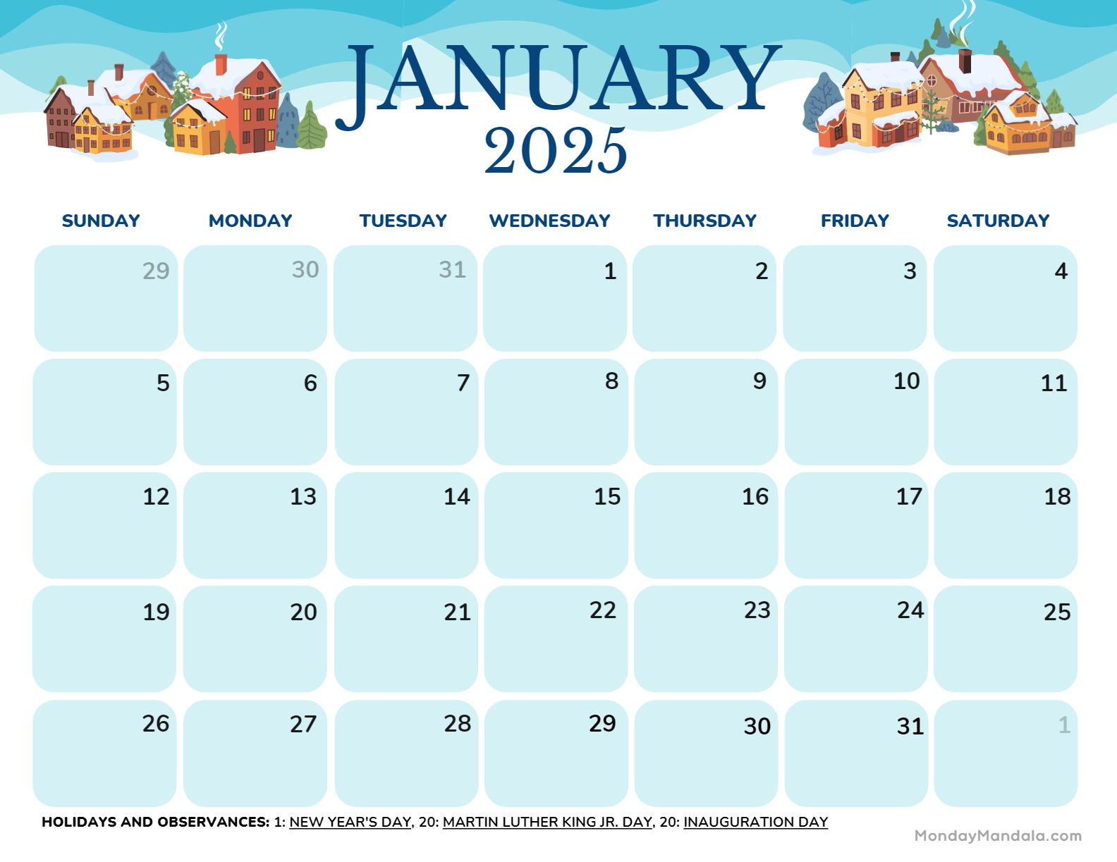 January 2025 Calendar (52 Free Pdf Printables) | Free Printable January 2025 Calendar With Holidays