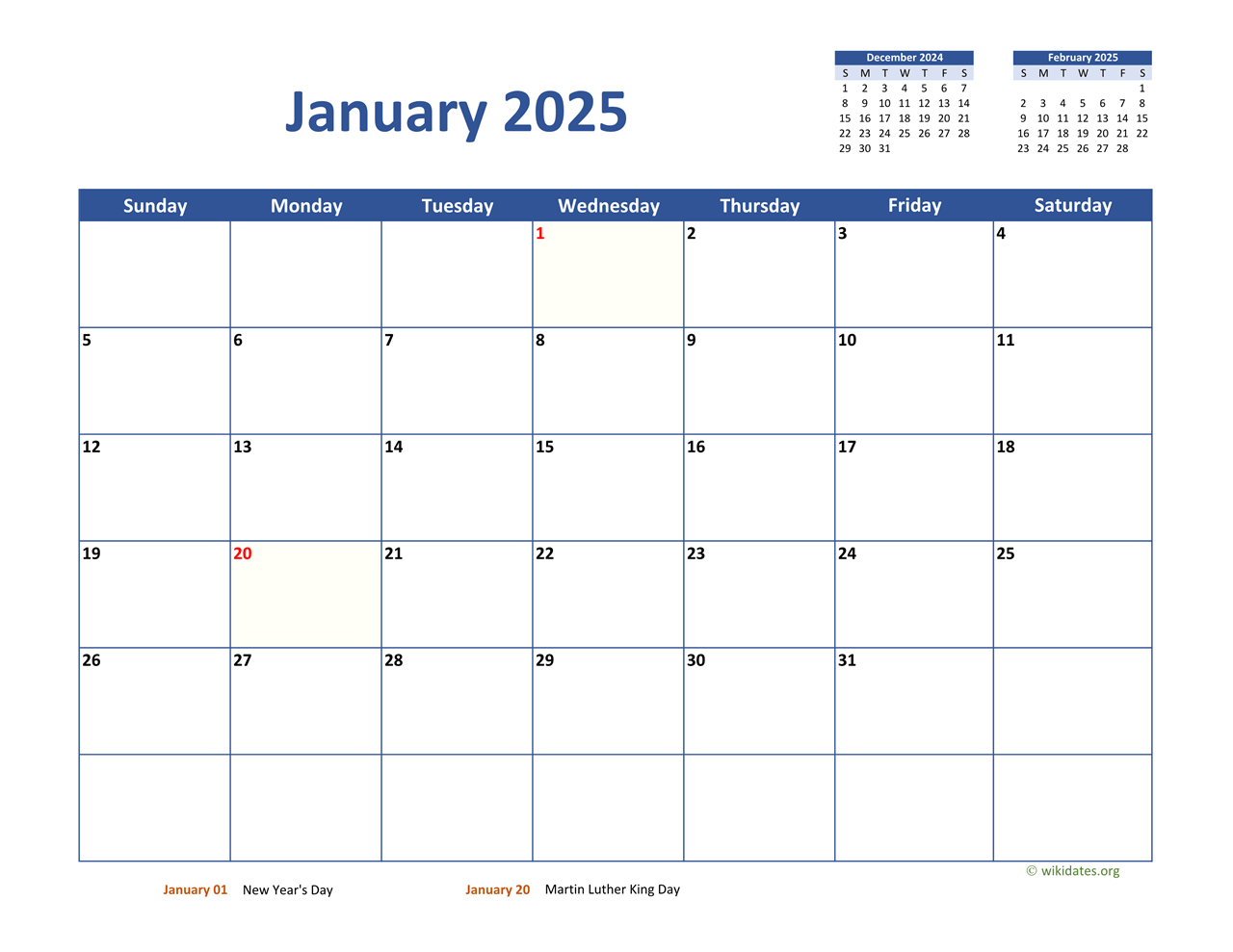 January 2025 Calendar Classic | Wikidates | Calendar 2025