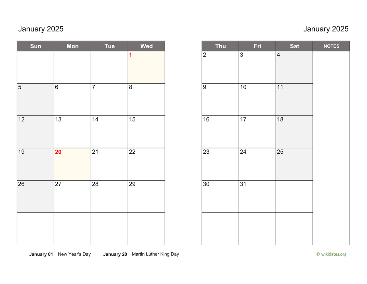 January 2025 Calendar On Two Pages | Wikidates | Calendar 2025