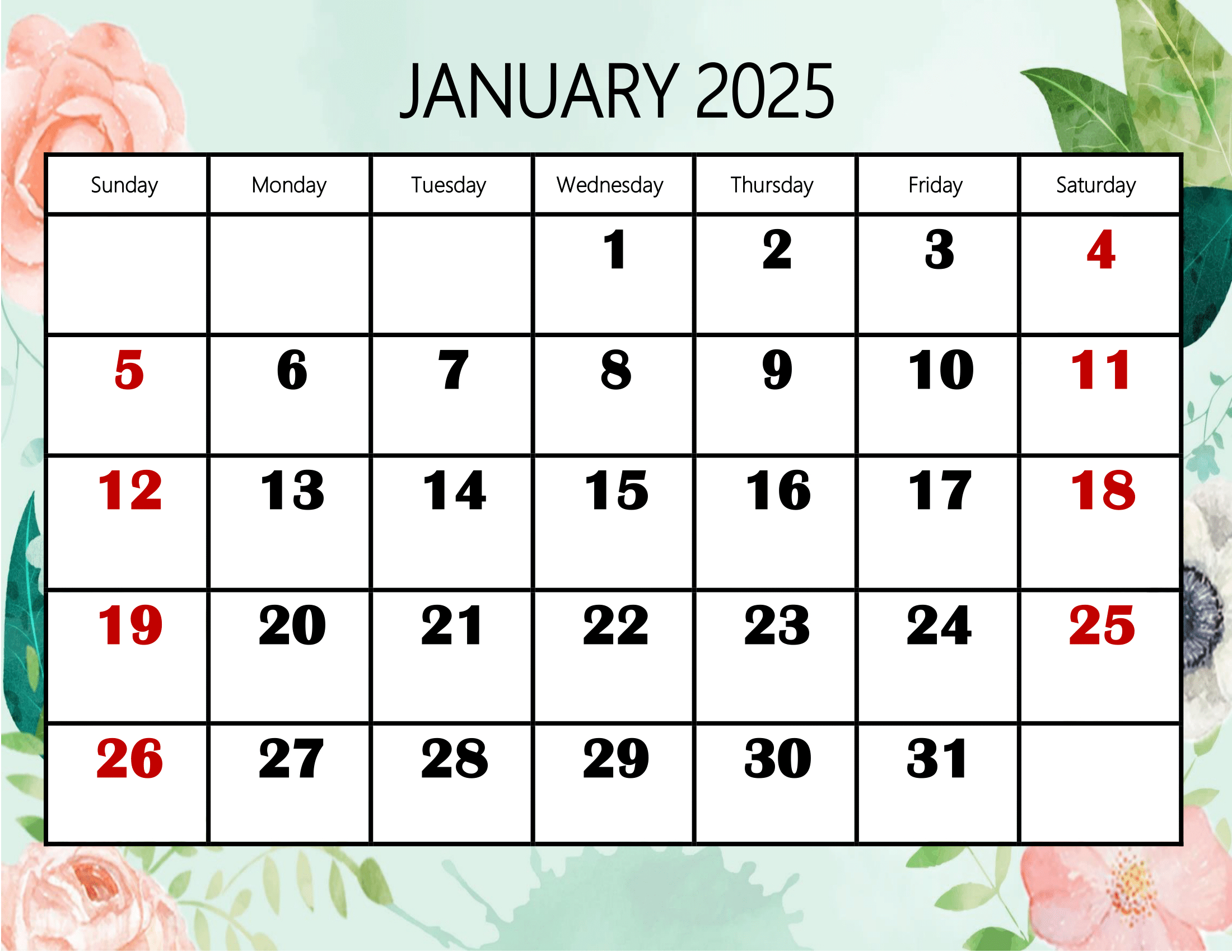 January 2025 Calendar Printable Pdf Template With Holidays | Free Printable January 2025 Calendar With Holidays