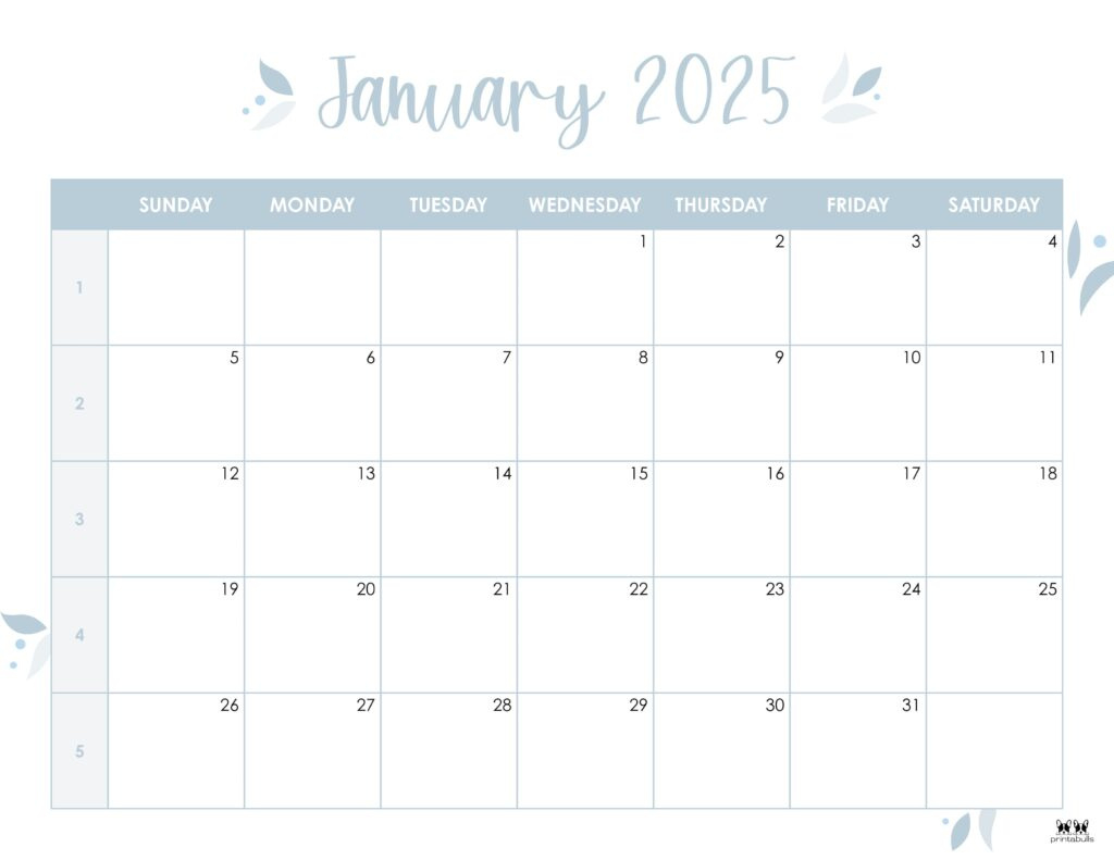 January 2025 Calendars - 107 Free Printables | Printabulls | 2025 January Calendar Printable