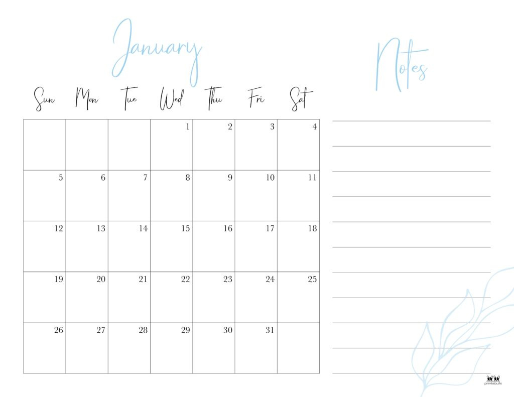 January 2025 Calendars - 107 Free Printables | Printabulls | Printable Monthly Calendar 2025 with Notes