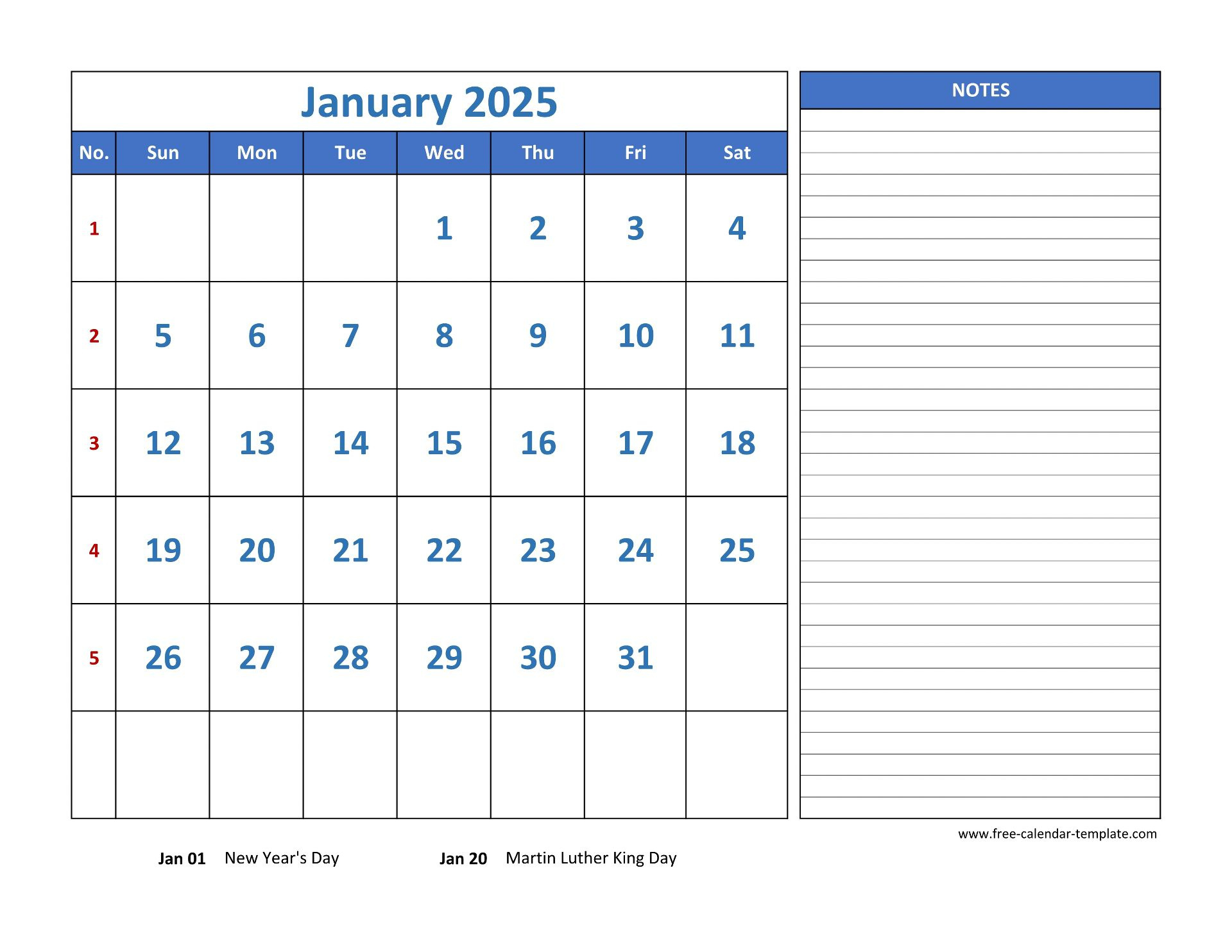 January Calendar 2025 Grid Lines For Holidays And Notes | Free Printable Calendar with Lines 2025