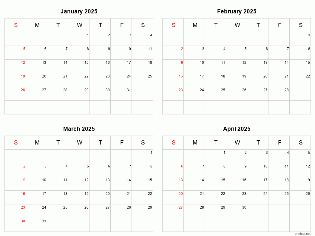 January To April 2025 Printable Calendar | Four Months Per Page | Calendar 2025