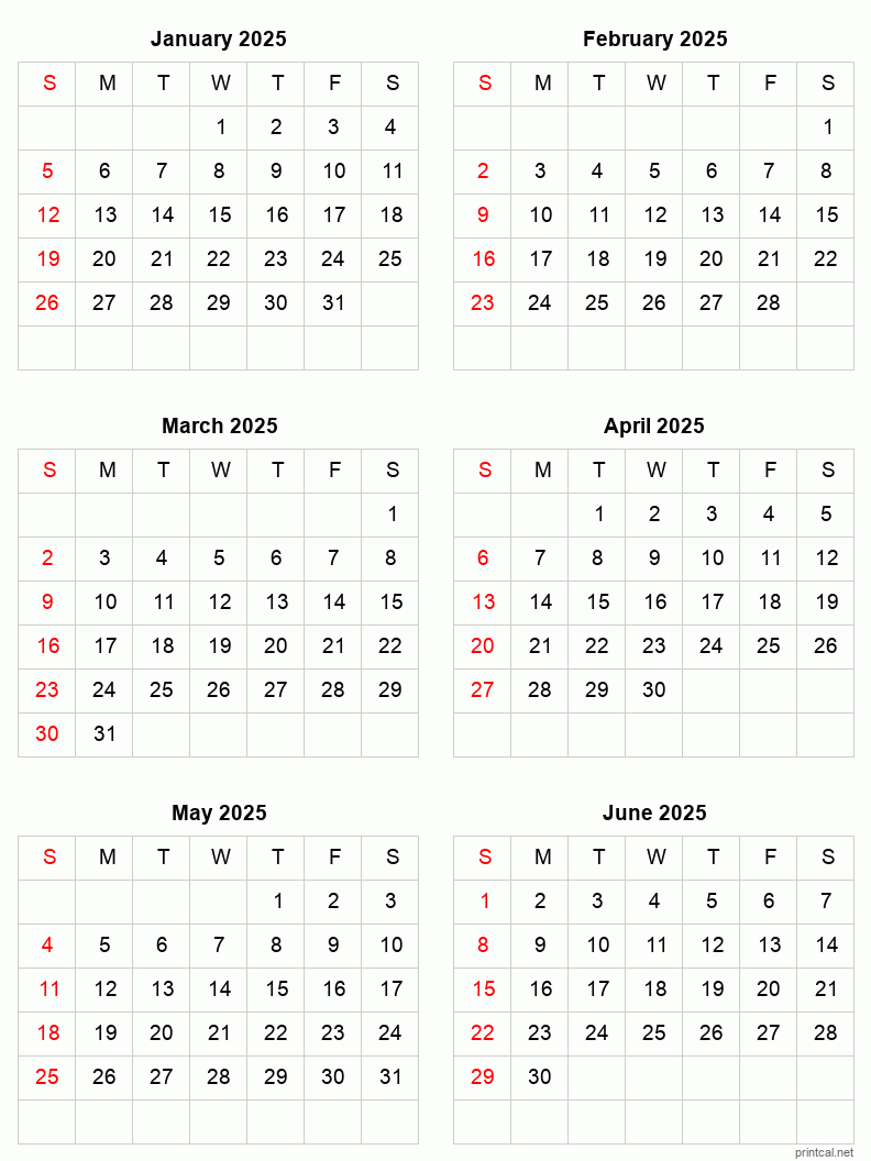 January To June 2025 Printable Calendar | Six Months Per Page | 6 Month Calendar 2025 Printable