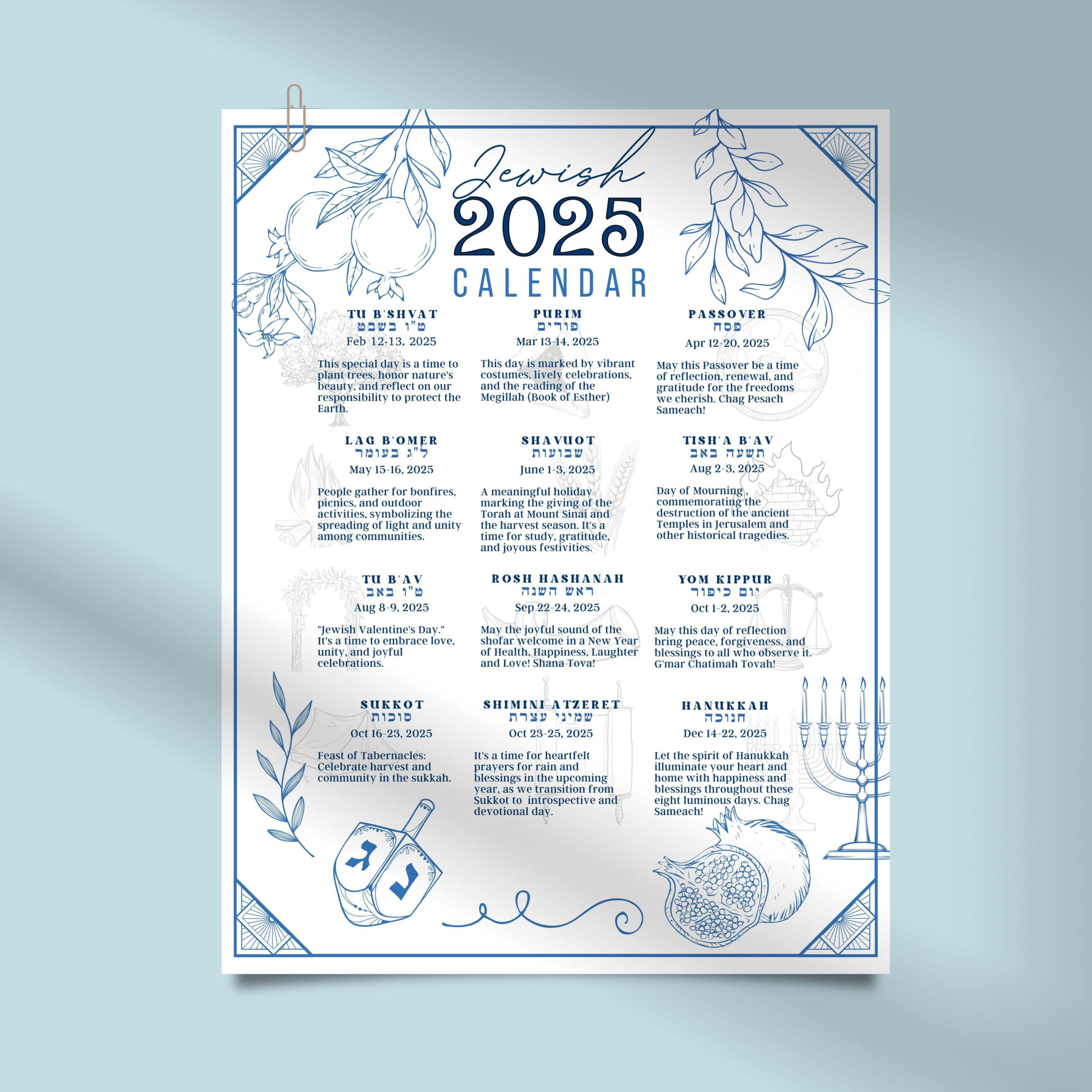 Jewish Calendar 2025 Poster Jewish Gift New Year 5785 Rosh | Jewish Calendar 2025 with Holidays Printable Free