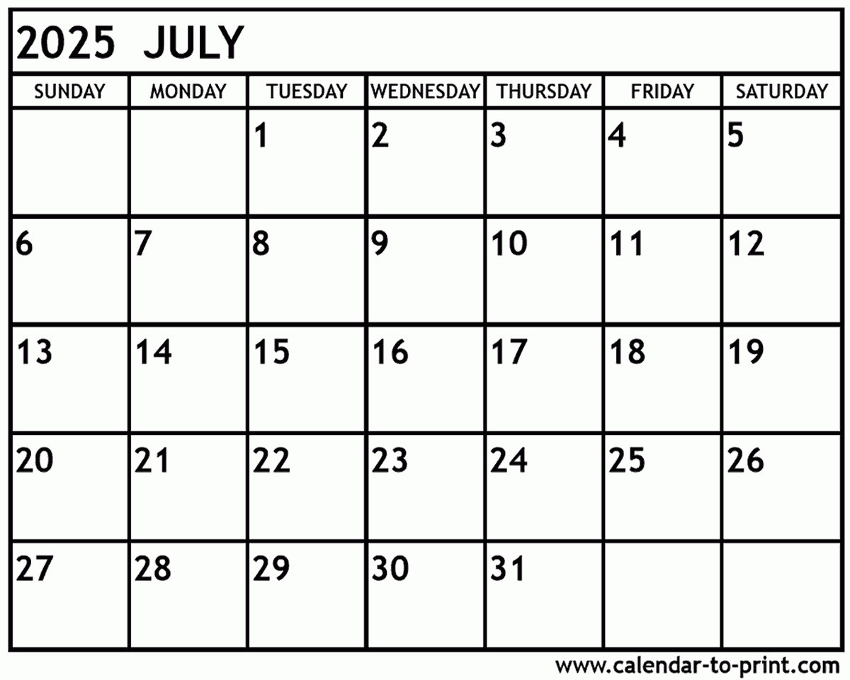 July 2025 Calendar Printable | July 2025-June 2025 Printable Calendar