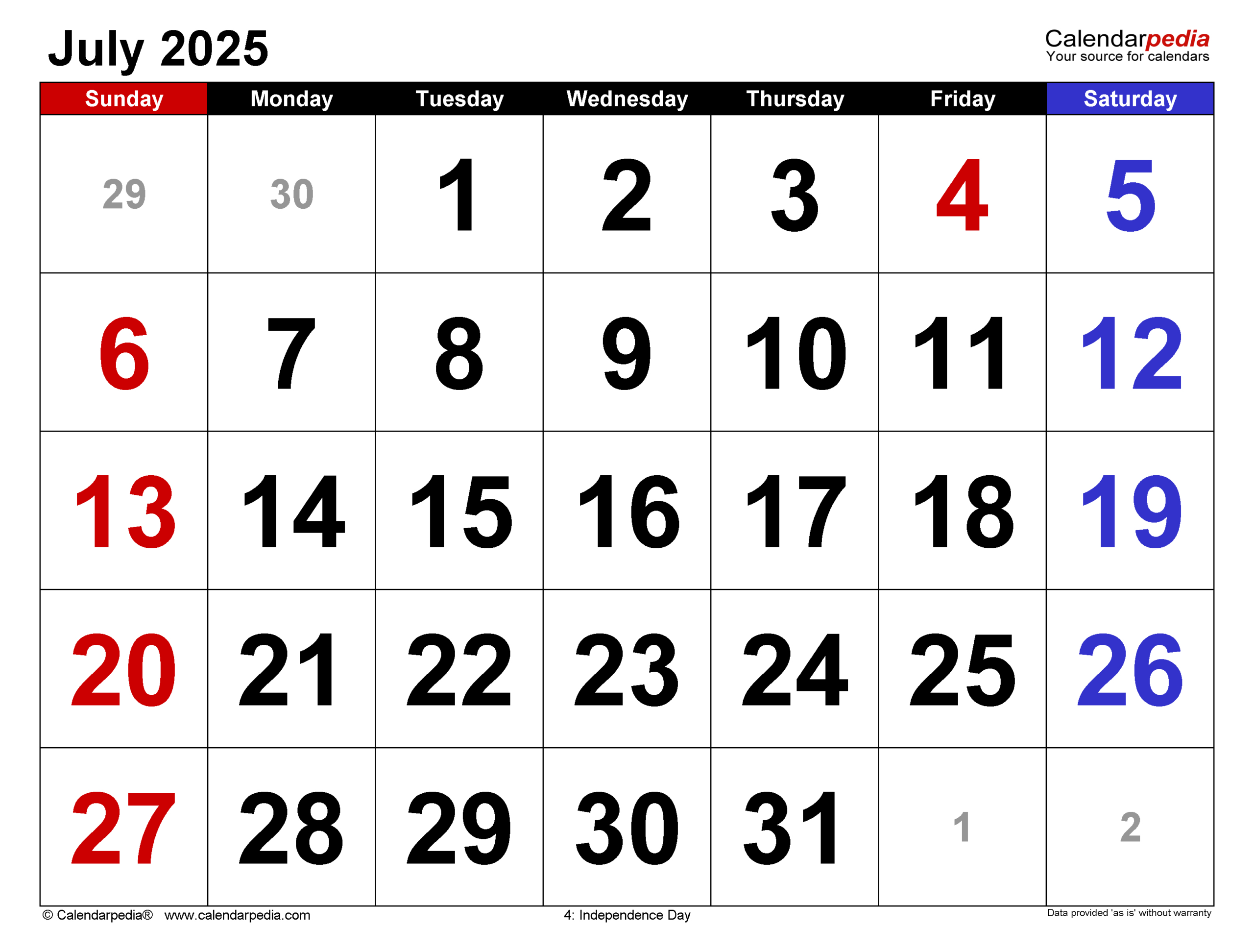 July 2025 Calendar | Templates For Word, Excel And Pdf | Monthly Calendar July 2025 Printable