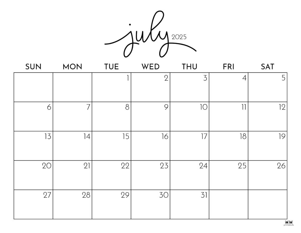 July 2025 Calendars - 107 Free Printables | Printabulls | 2025 July Printable Calendar