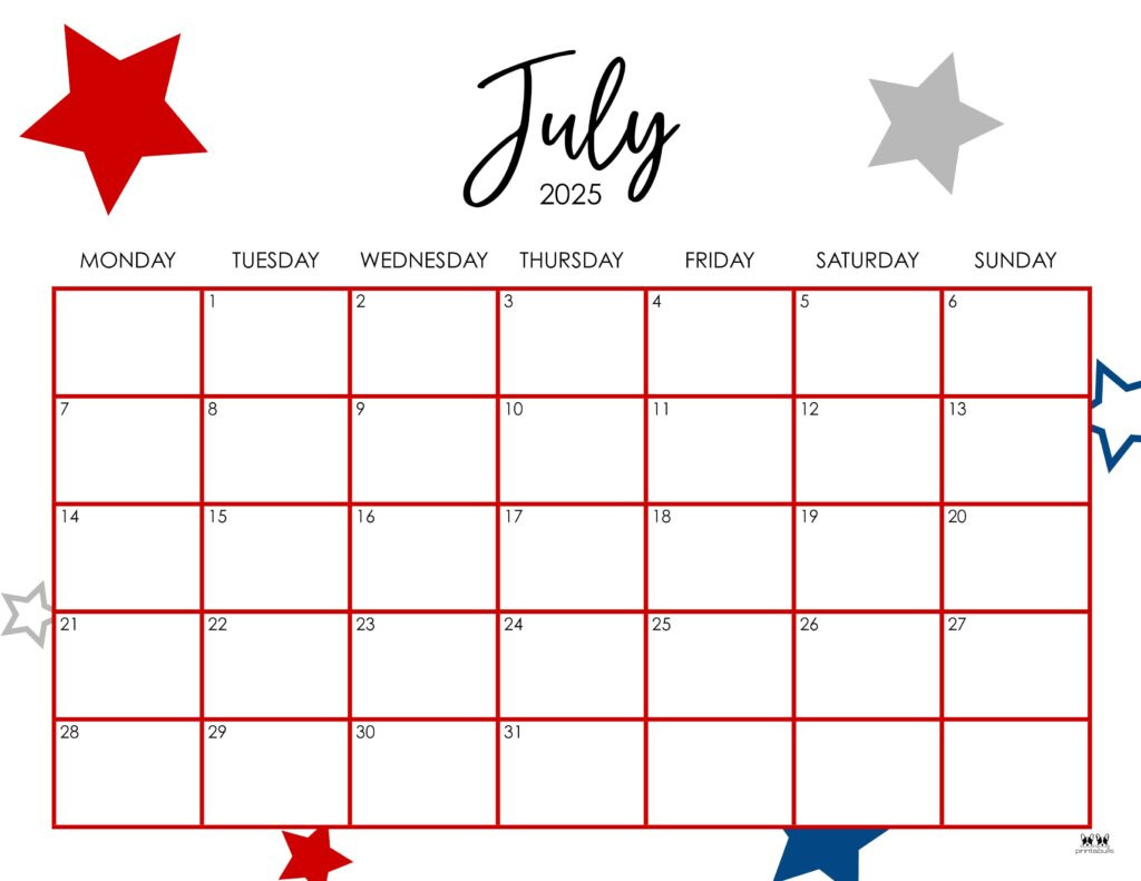 July 2025 Calendars - 107 Free Printables | Printabulls | July 2025 Calendar With Holidays Printable Free