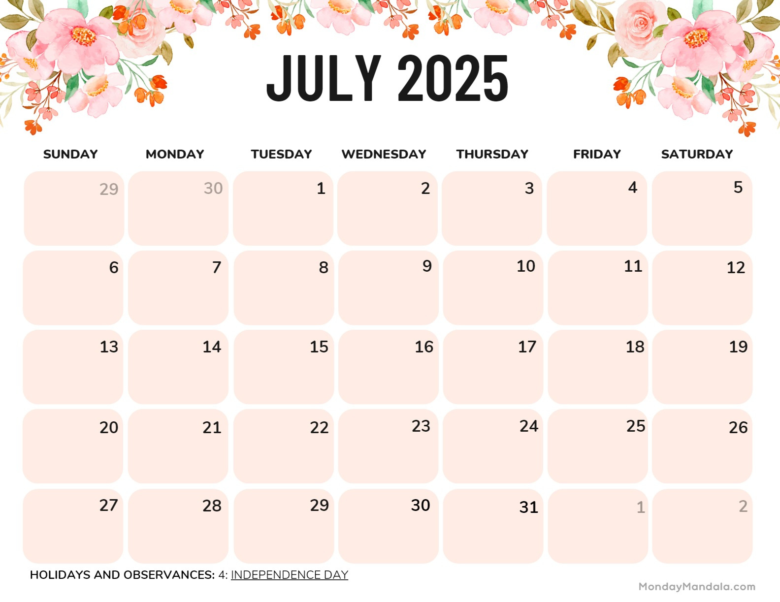 July 2025 Printable Calendar (52 Free Pdf Printables) | 2025 July Printable Calendar