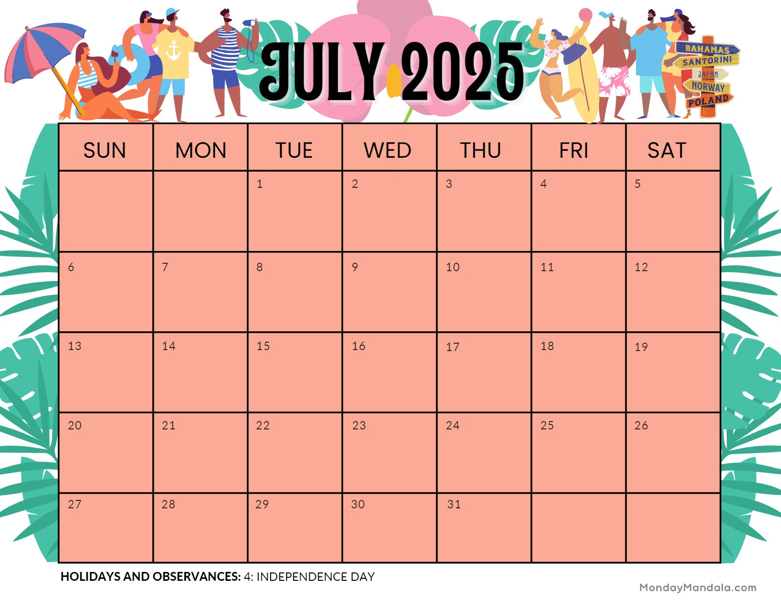 July 2025 Printable Calendar (52 Free Pdf Printables) | July 2025 Calendar With Holidays Printable Free