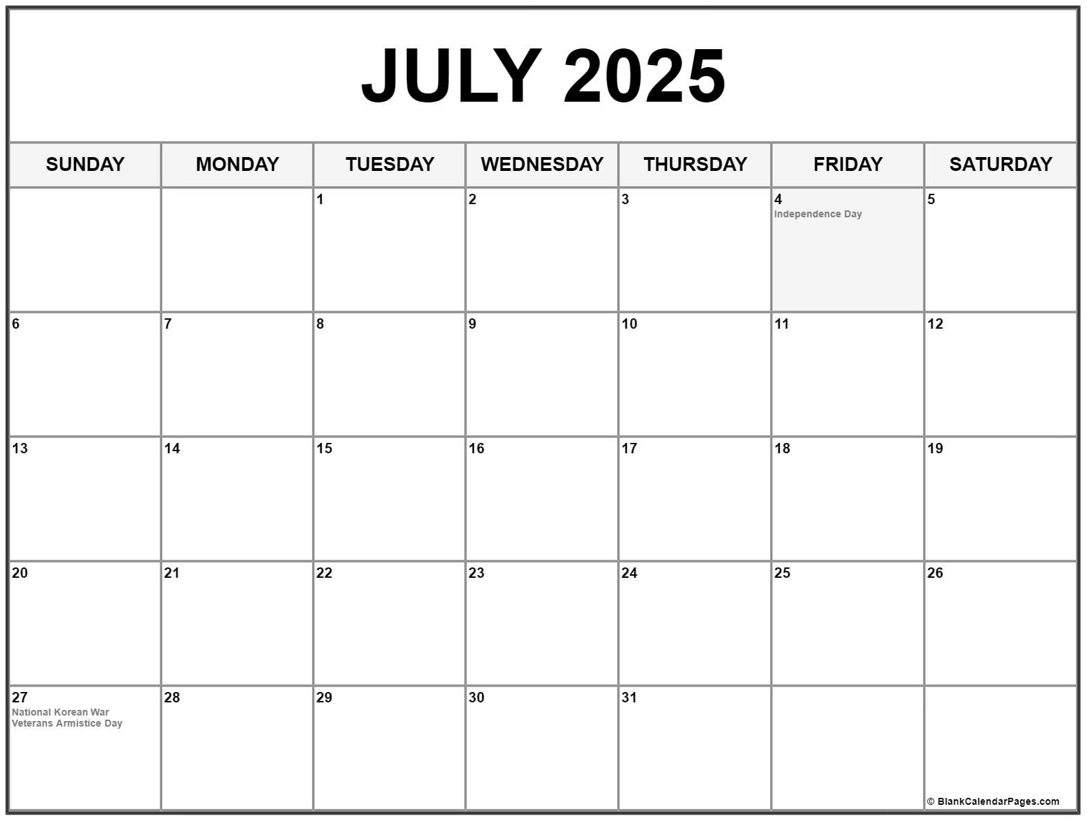 July 2025 With Holidays Calendar | July 2025 Printable Calendar With Holidays