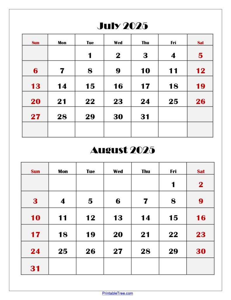 July And August 2025 Calendar Printable Pdf | Two Months Calendar | Calendar 2025