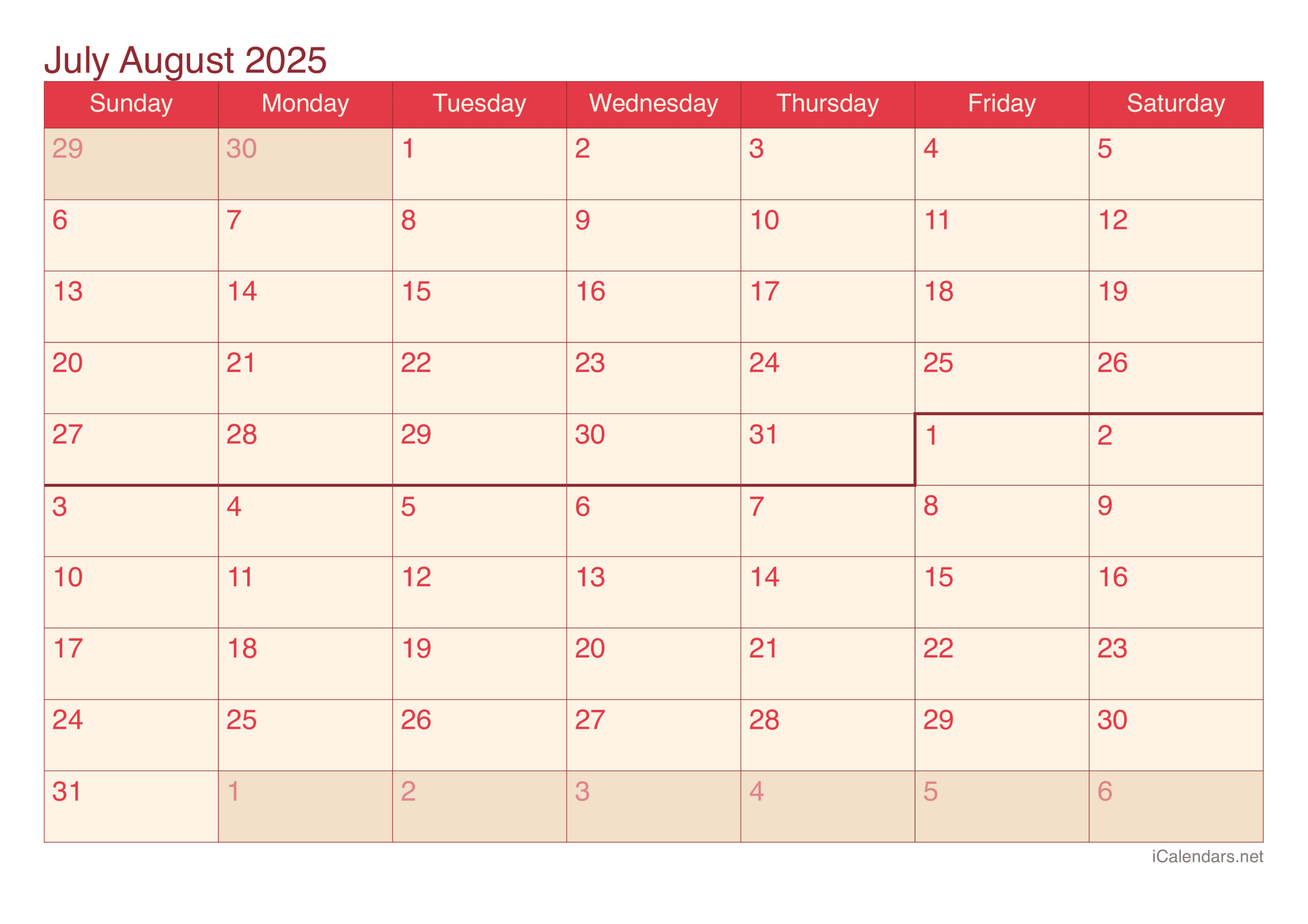 July And August 2025 Printable Calendar | July August 2025 Calendar Printable