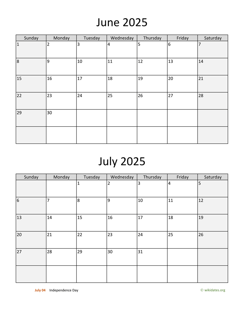 June And July 2025 Calendar | Wikidates |  Calendar 2025