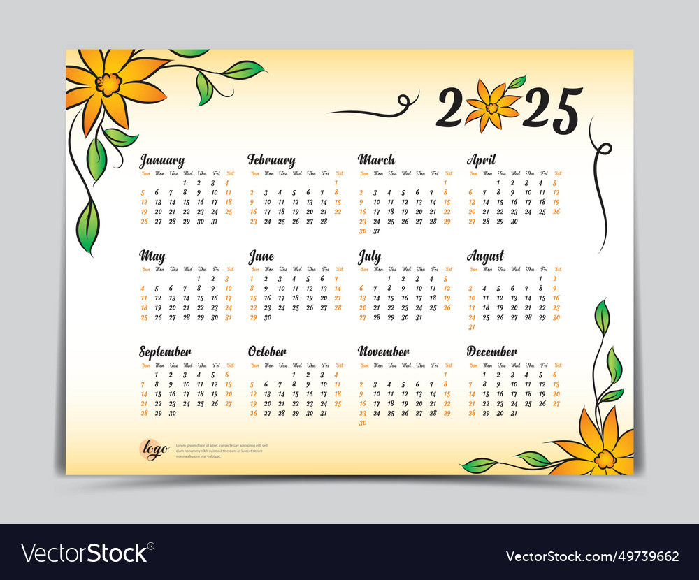 Kalender 2025 Vorlage Gelb Blumen Design Vektorbild | Printable Floral Calendar 2025