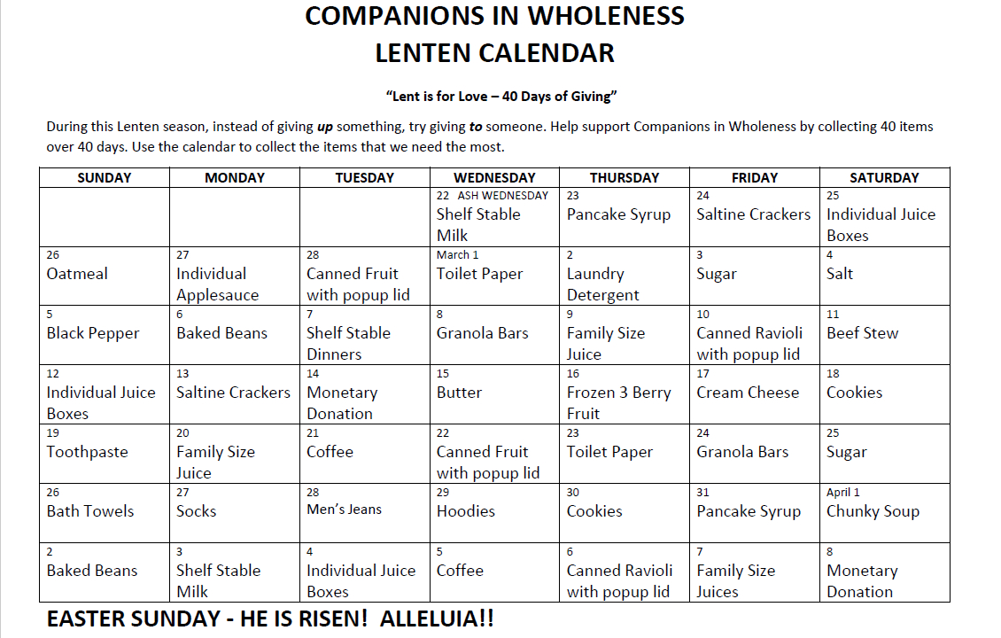 Lenten Calendar: Companions In Wholeness – Grace Congregational | Lenten Calendar 2025 Printable