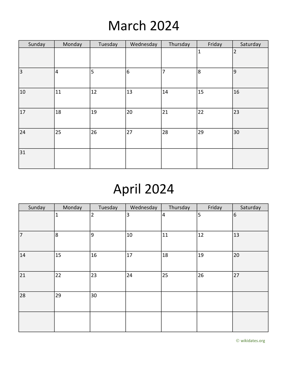 March And April 2024 Calendar | Wikidates | Free Printable Calendar April 2024 to March 2025