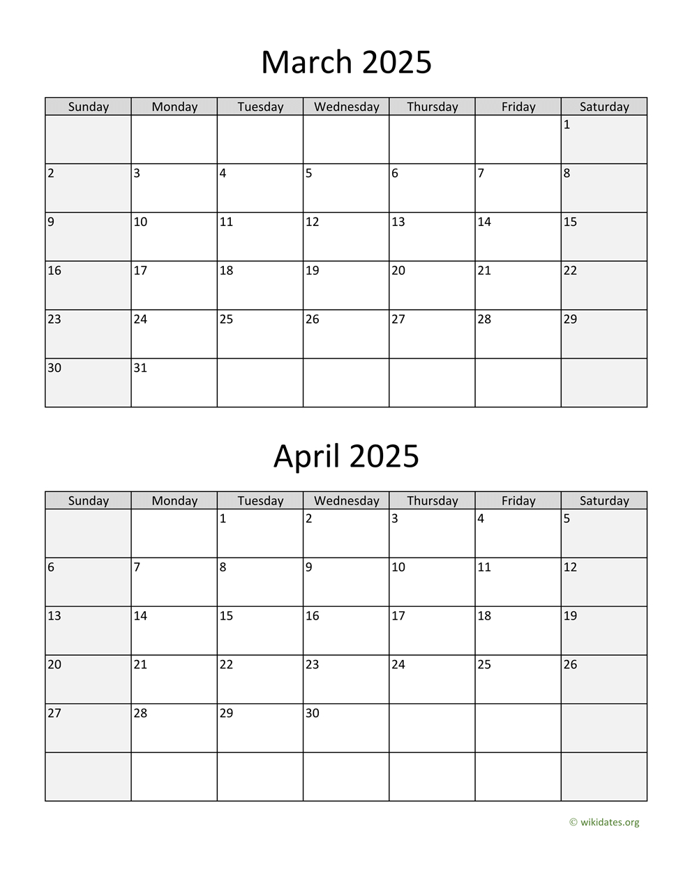 March And April 2025 Calendar | Wikidates | Printable Calendar April 2025 to March 2025