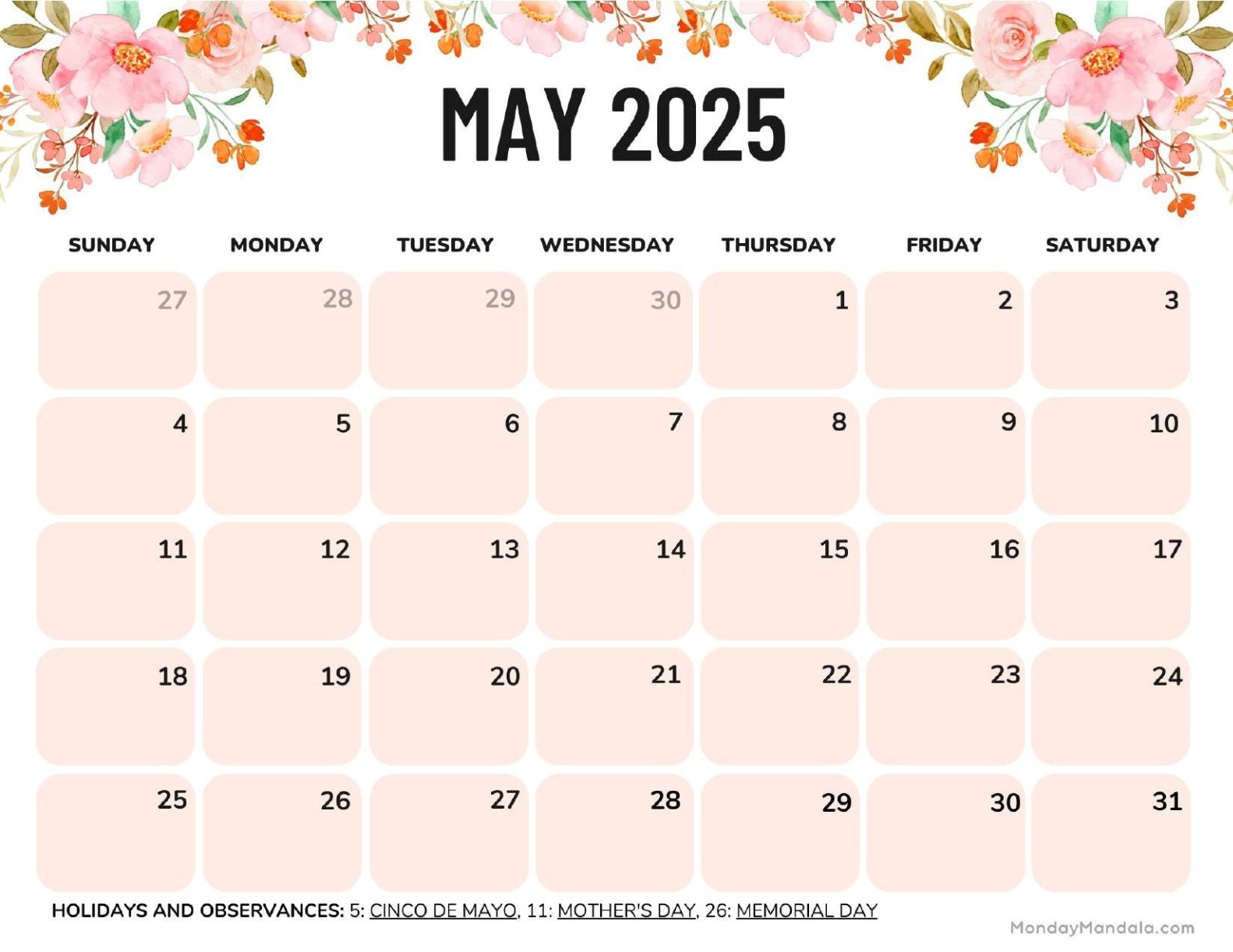 May 2025 Calendar (52 Free Pdf Printables) | Calendar May 2025 Printable