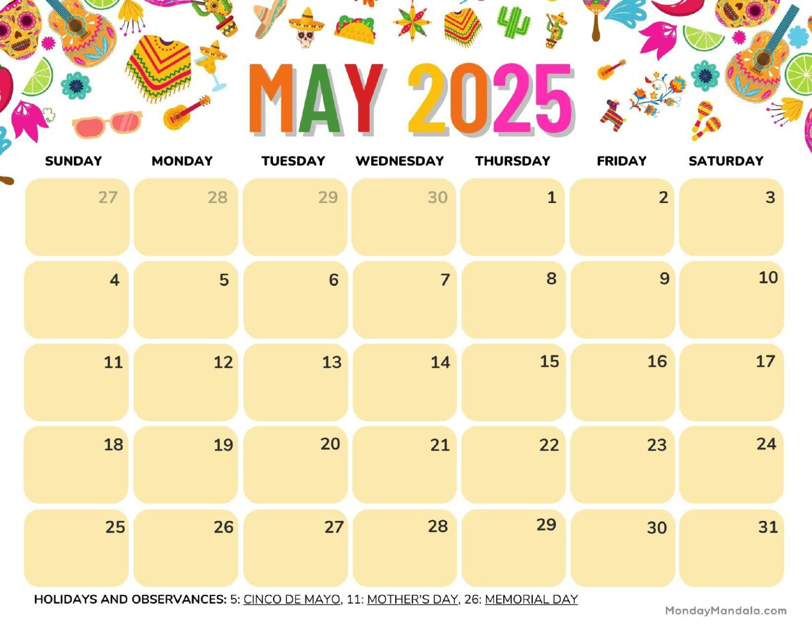 May 2025 Calendar (52 Free Pdf Printables) | Free Printable May 2025 Calendar With Holidays