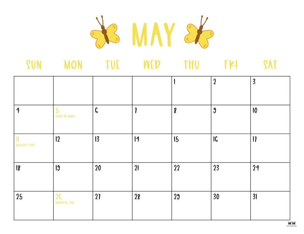 May 2025 Calendars - 107 Free Printables | Printabulls | May 2025 Calendar with Holidays Printable Free