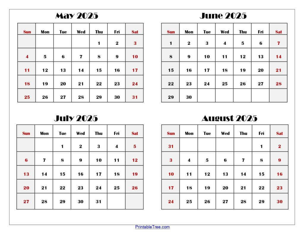 May To August 2025 Calendar Printable Pdf | Four Months Calendar | Printable Calendar August 2025-May 2025