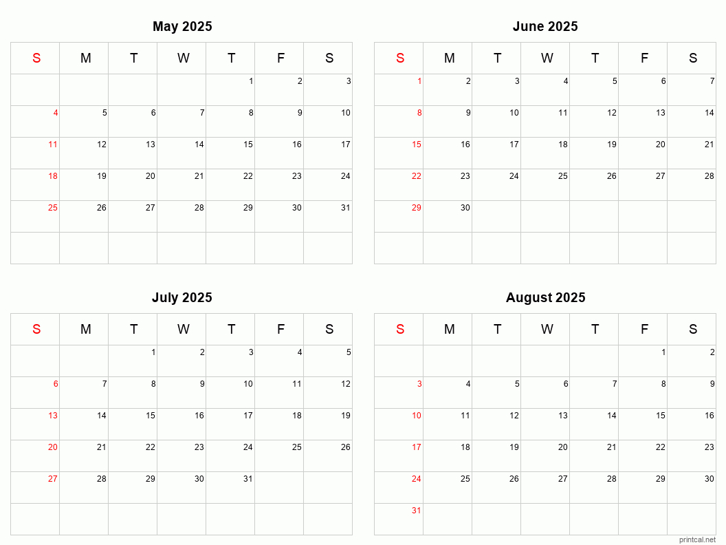 May To August 2025 Printable Calendar | Four Months Per Page | Printable Calendar August 2025-May 2025