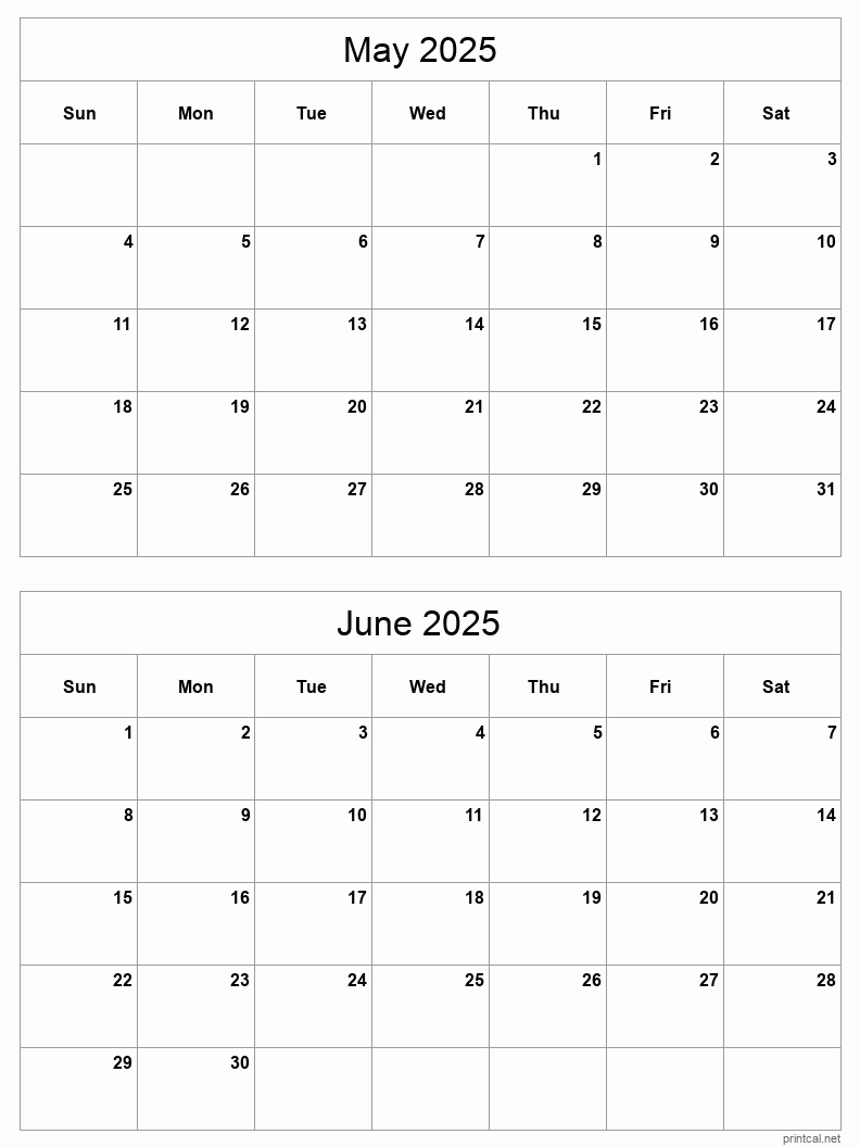 May To June 2025 Printable Calendar | Two Months Per Page |  Calendar 2025