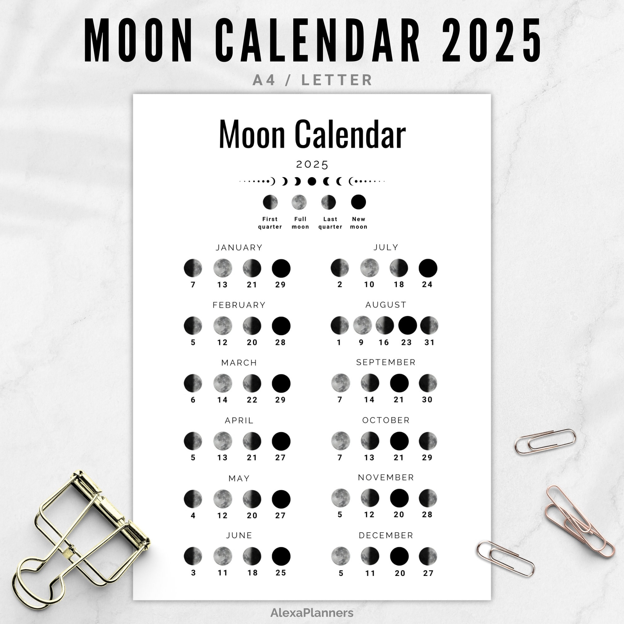 Mondphasenkalender 2025, Mondkalender In A4 / Letter Größe - Etsy.de | 2025 Full Moon Calendar Printable