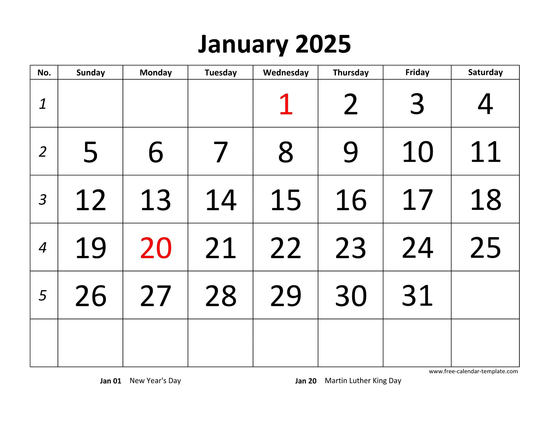 Monthly 2025 Calendar Designed With Large Font (Horizontal) | Free | 2025 Month Calendar Printable