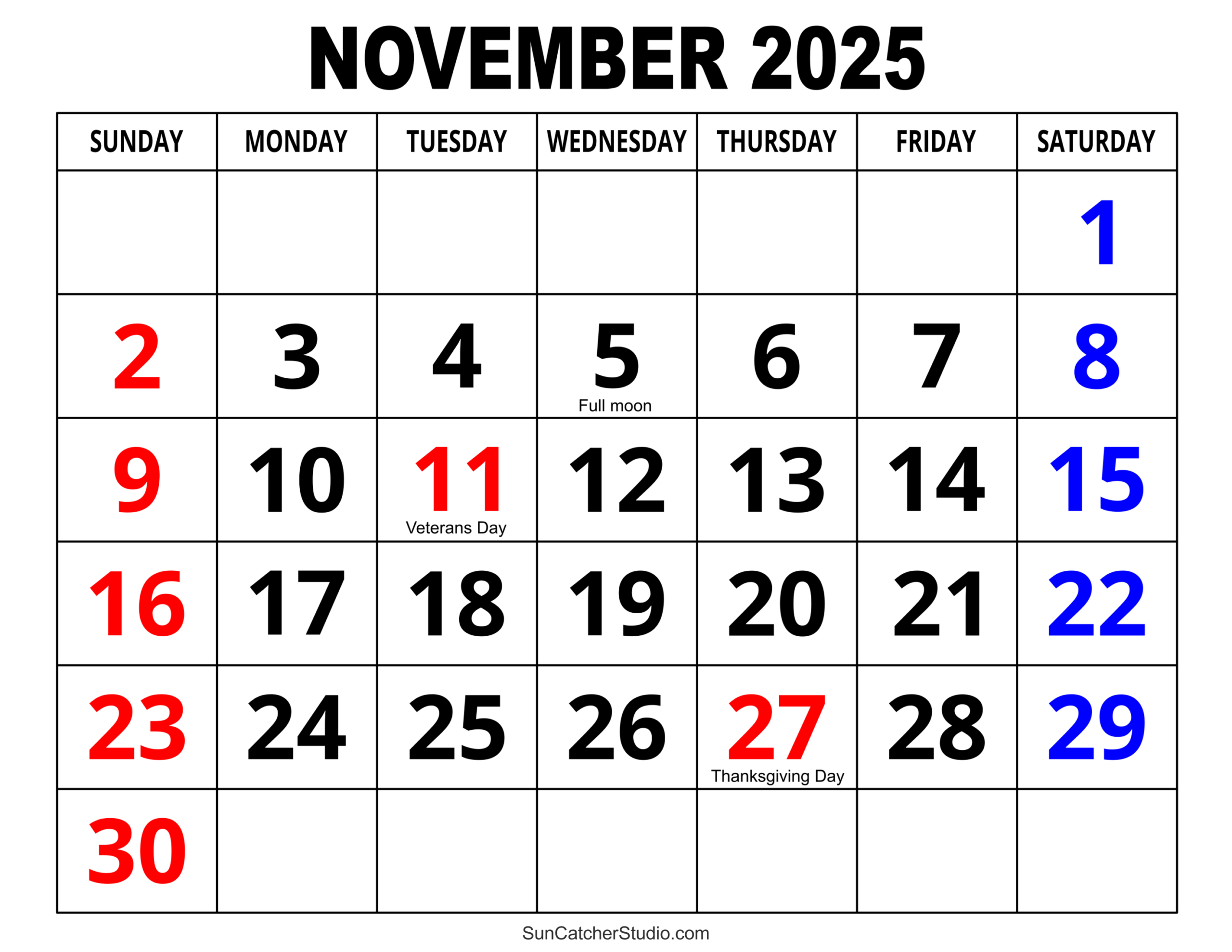 November 2025 Calendar (Free Printable) – Diy Projects, Patterns | November 2025 Printable Calendar