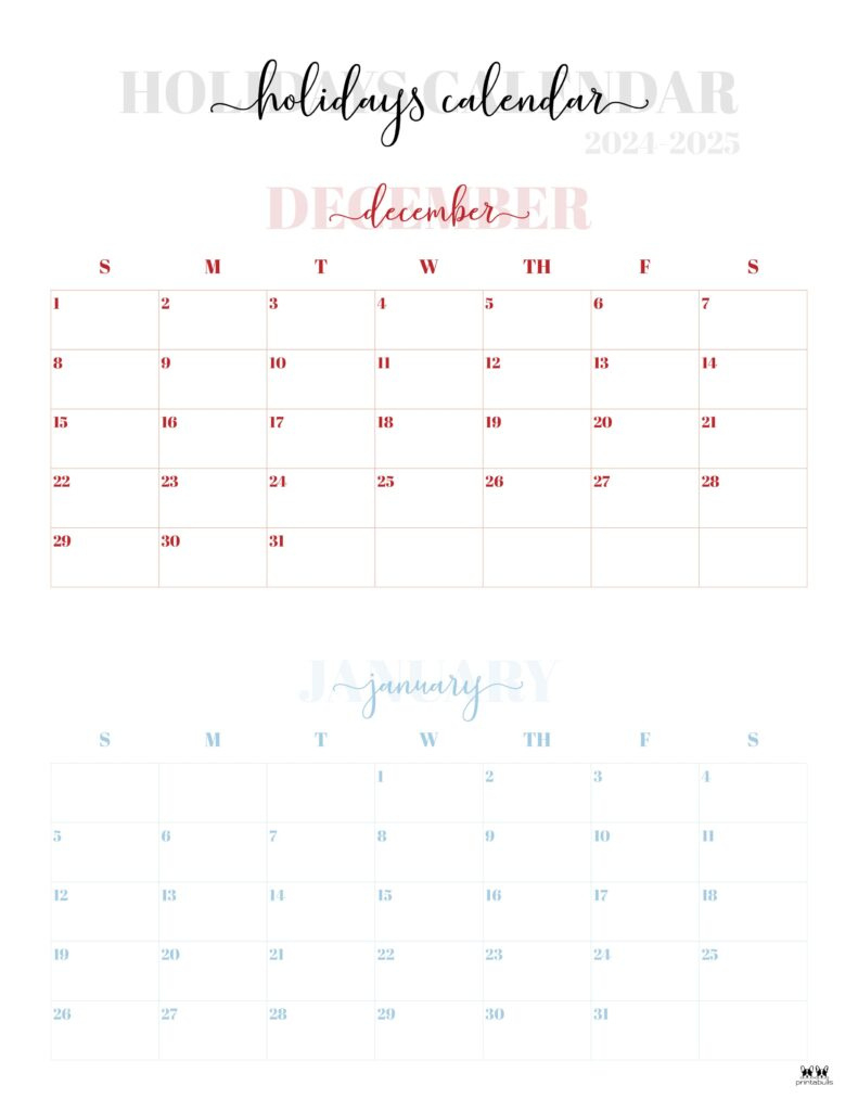 November December 2024 Calendars - 28 Printables | Printabulls | December 2024 January 2025 Calendar Printable