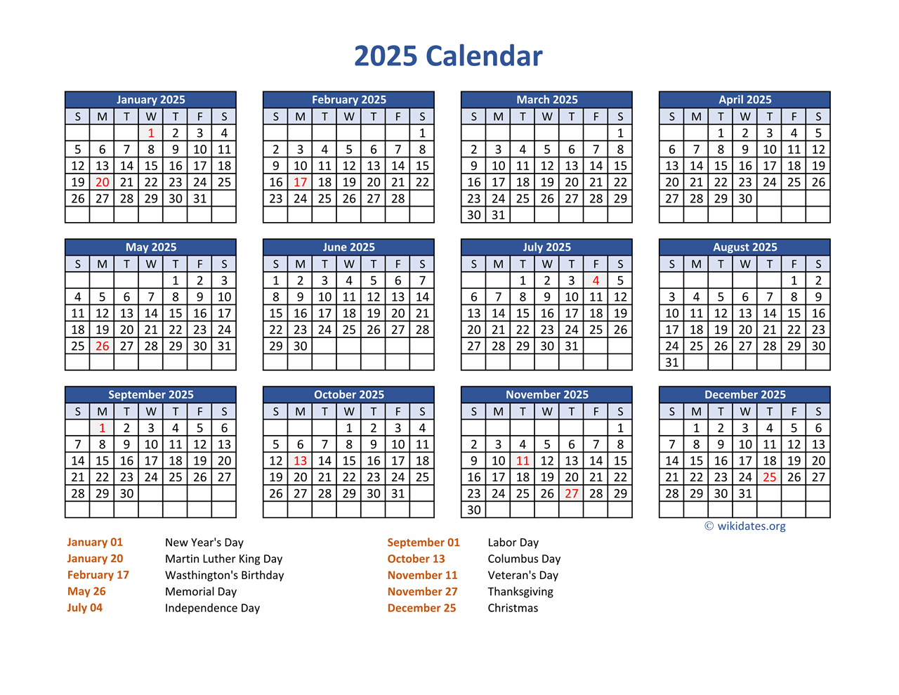 Pdf Calendar 2025 With Federal Holidays | Wikidates | 2025 Calendar Printable Wiki